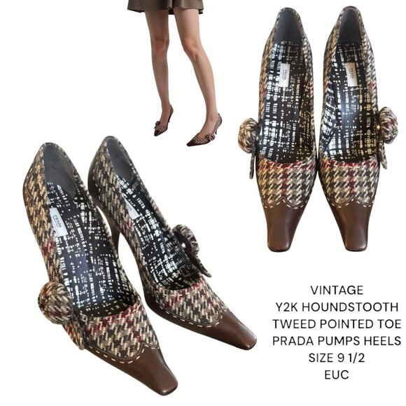 Y2K VINTAGE PRADA HEELS HOUNDSTOOTH TWEED ACADEMIA PUMPS US 9-9.5/EURO 40 EUC - Picture 1 of 8
